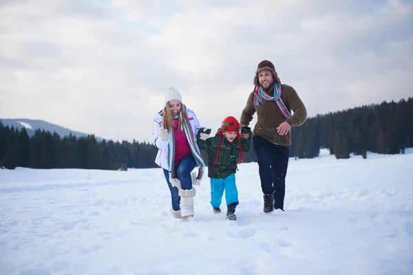 幸福年轻的家庭 在新鲜的雪打美丽晴朗的冬日户外性质 — 图库照片