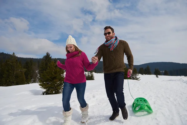Mutlu Genç Çift Güzel Kış Gününde Karda Doğada Açık Eğleniyor — Stok fotoğraf