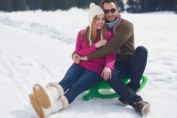 Happy young couple having fun on fresh show on winter vacation — Stock Photo, Image