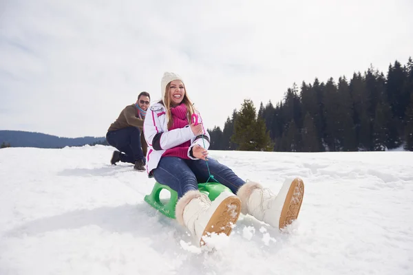 Happy young couple having fun on fresh show on winter vacation — Stock Photo, Image