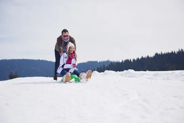 Romantique Scène Hiver Heureux Jeune Couple Amuser Sur Spectacle Frais — Photo