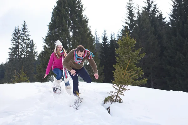 Casal se divertindo na neve — Fotografia de Stock