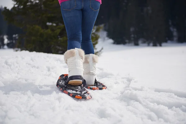 Happy Young Woman Walking Snow Shoes Outdoor Nature Beautiful Winter — Stock Photo, Image