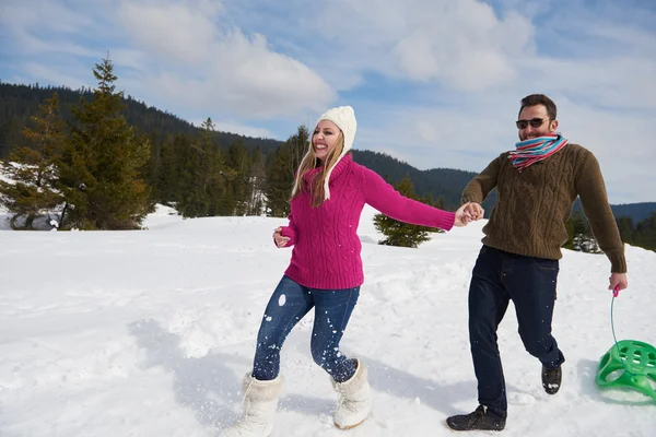 Happy Young Couple Having Fun Walking Snow Shoes Outdoor Nature — Stock Photo, Image