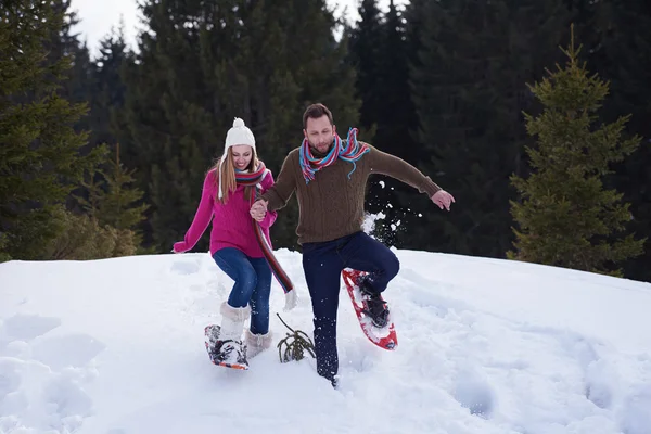 Feliz Joven Pareja Divirtiéndose Caminando Raquetas Nieve Aire Libre Naturaleza —  Fotos de Stock