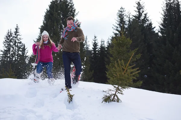 Casal se divertindo e andando em sapatos de neve — Fotografia de Stock