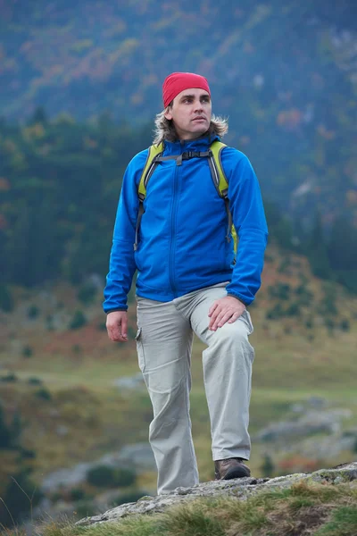 Консультант Чоловік Рюкзаком Пішохідний Гірському Лісі — стокове фото