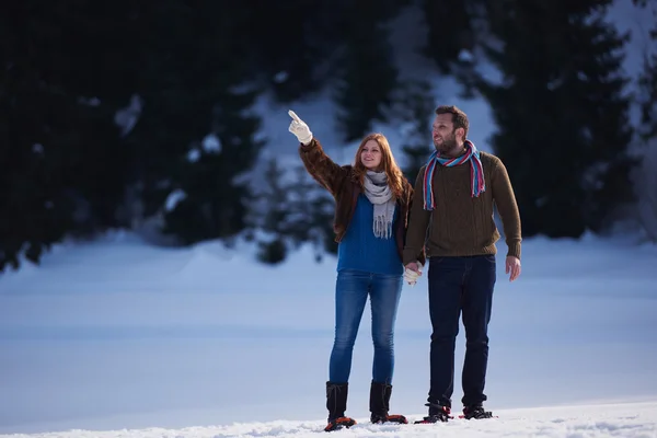 Casal se divertindo em sapatos de neve — Fotografia de Stock