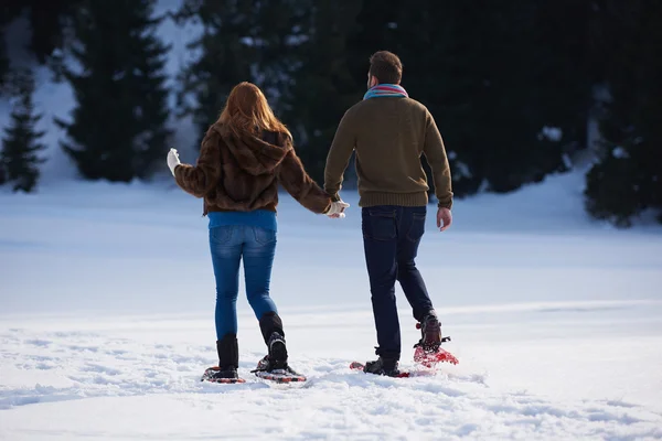 Casal se divertindo em sapatos de neve — Fotografia de Stock