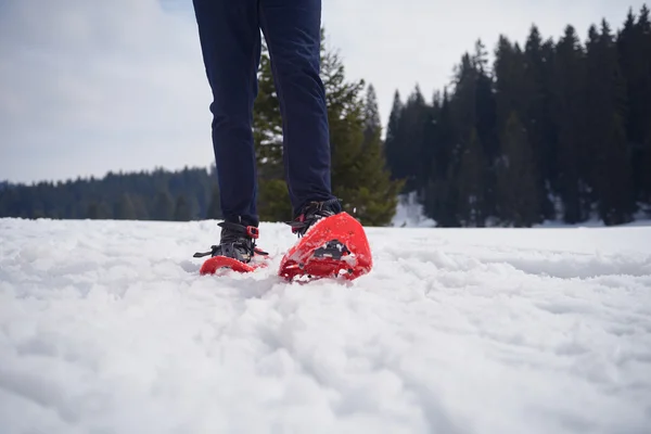 Férfi sétált a hó cipő — Stock Fotó