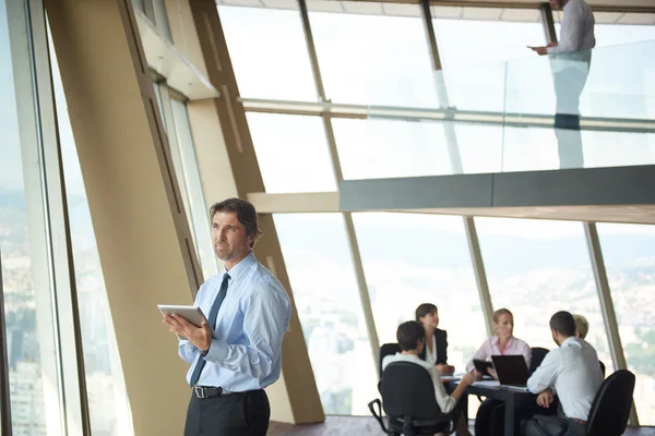 Handsome Businessman Working Tablet Computer Modern Bright Office Indoors His — Stock Photo, Image