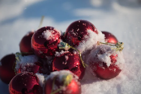 Natale Palline Rosse Decorazione Fresco Sfondo Neve Sulla Bella Giornata — Foto Stock