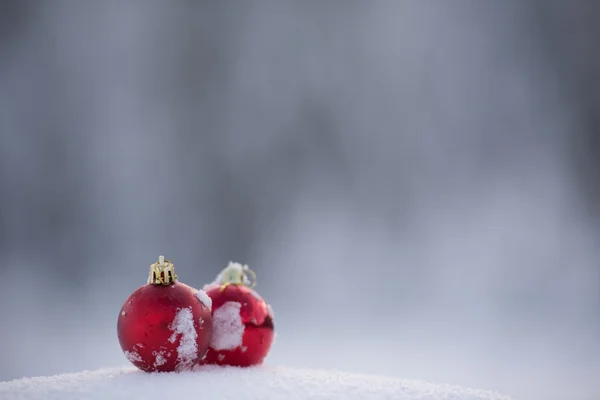 Christmas Red Balls Decoration Fresh Snow Background Beautiful Sunny Winter — Stock Photo, Image