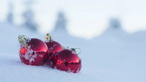 Natale Palline Rosse Decorazione Fresco Sfondo Neve Sulla Bella Giornata — Foto Stock