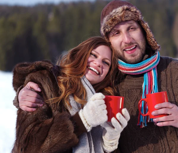 Feliz joven pareja bebiendo té caliente en invierno —  Fotos de Stock