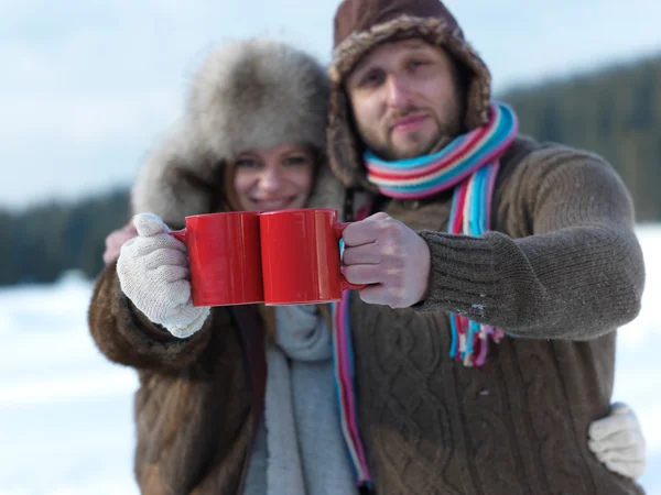 Feliz joven pareja bebiendo té caliente en invierno —  Fotos de Stock