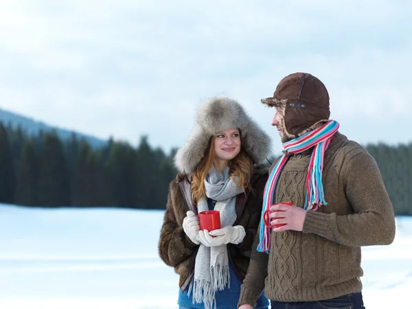Feliz jovem casal beber chá quente no inverno — Fotografia de Stock