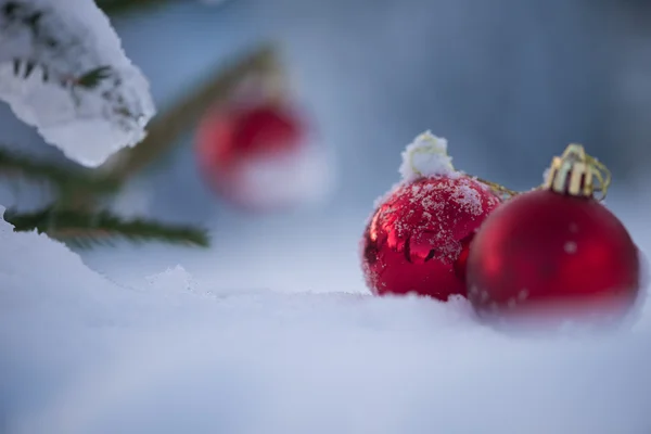 Červené vánoční koule v čerstvém sněhu — Stock fotografie