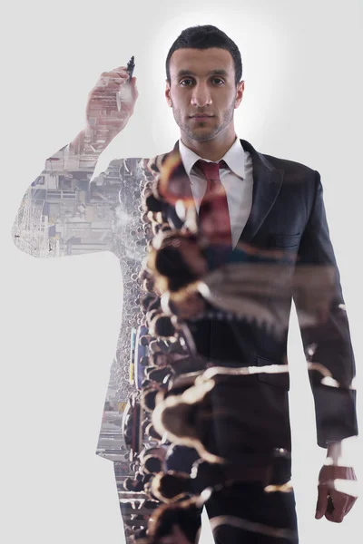 Double exposure of  business man draw with marker — Stok fotoğraf