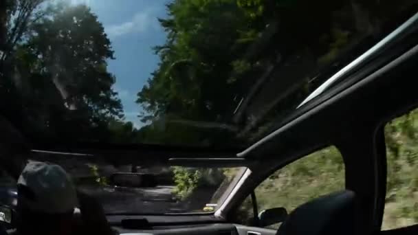 Чоловік керує автомобілем на заміській дорозі — стокове відео