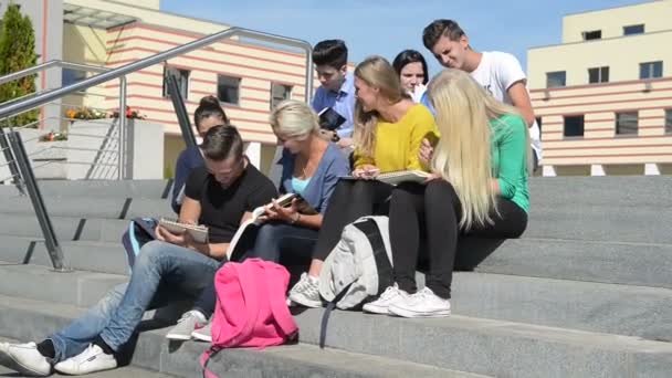 Груповий портрет щасливих студентів за межами — стокове відео