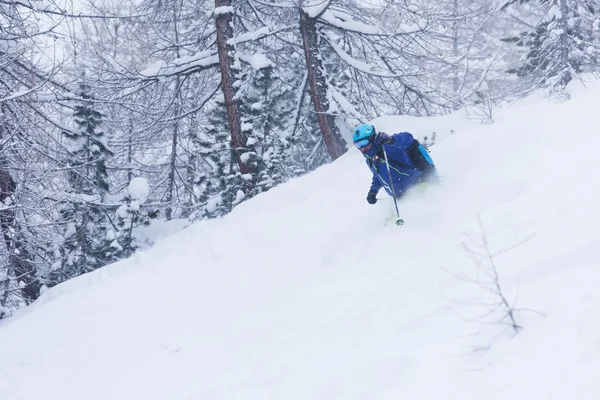 깊은 눈에서 스키 freeride 스키 — 스톡 사진