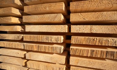 Kereste deposunda bir yığın yeni ahşap çivi.