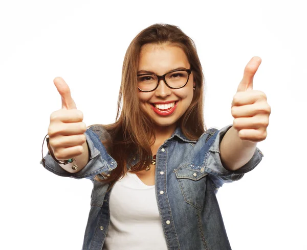 Succesvol meisje geeft duim omhoog met twee handen — Stockfoto