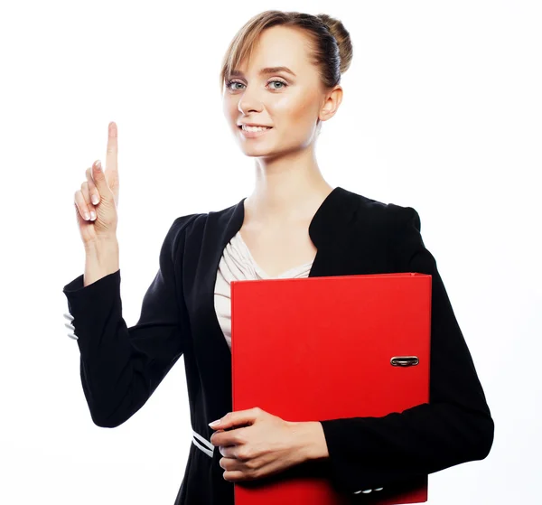 Business woman pointing at white background. — Stock Photo, Image