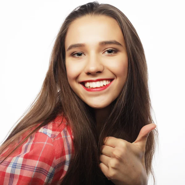 Mujer feliz dando pulgar hacia arriba —  Fotos de Stock