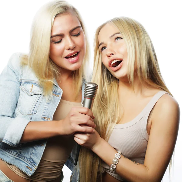 Beauty hipster girls with a microphone — Stock Photo, Image