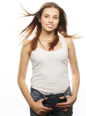 Saç rüzgar ile güzel kadın .