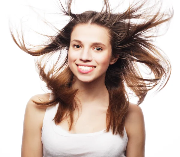 Beautiful woman with wind on hair . — Stock Photo, Image