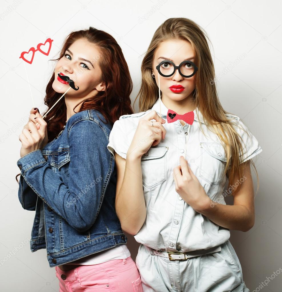 two stylish sexy hipster girls best friends ready for party