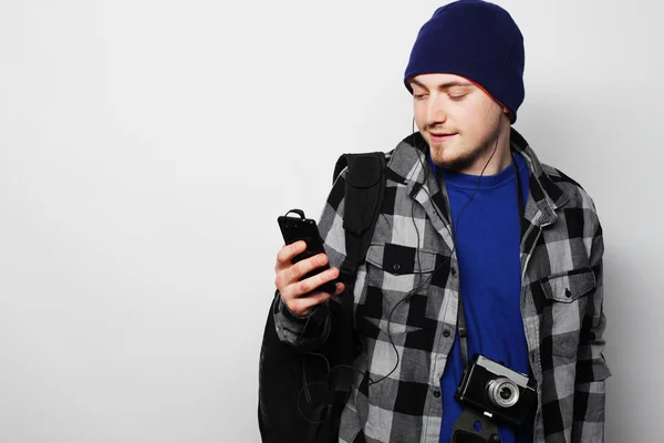 Cheerful man in shirt  using smartphone — Stock Photo, Image