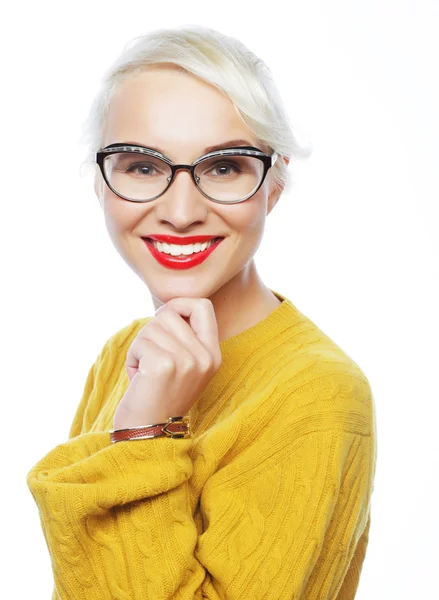 Young blond woman wearing yellow sweater — Stock Photo, Image