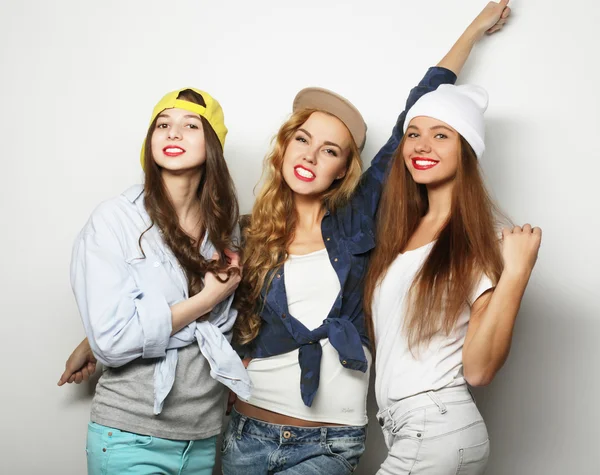 Three stylish sexy hipster girls best friends. — Stock Photo, Image