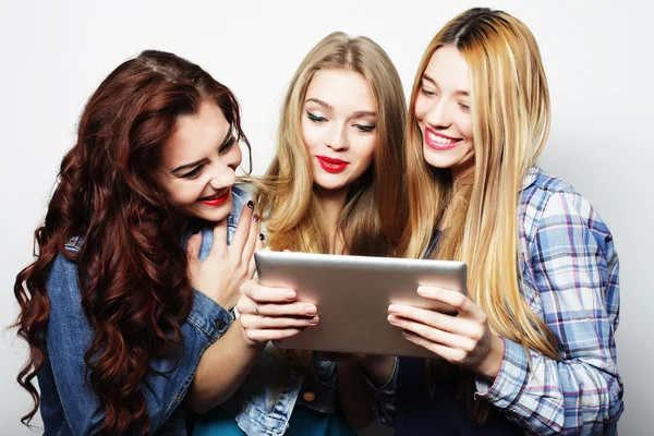 Three girls friends taking selfie with digital tablet Stock Image