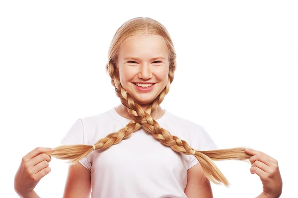 Portrait of a beautiful European blonde girl with braids. — Stock Photo, Image