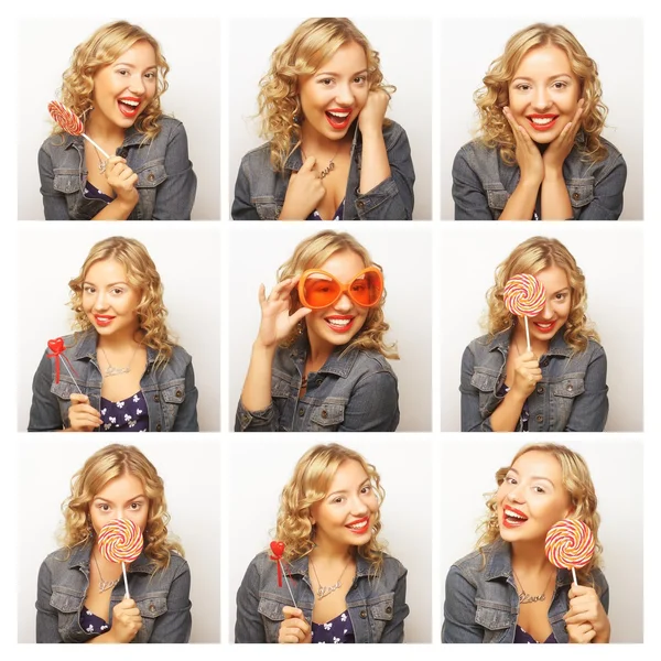 Collage de la misma mujer haciendo diferentes expresiones . — Foto de Stock