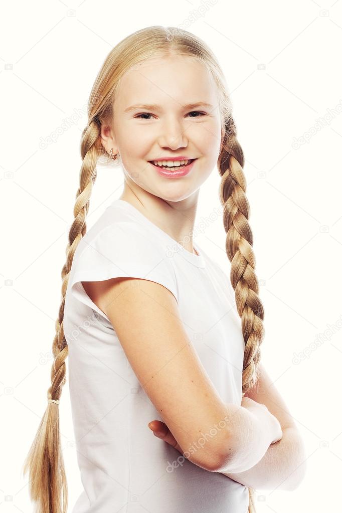 Portrait of a beautiful European blonde girl with braids. — Stock