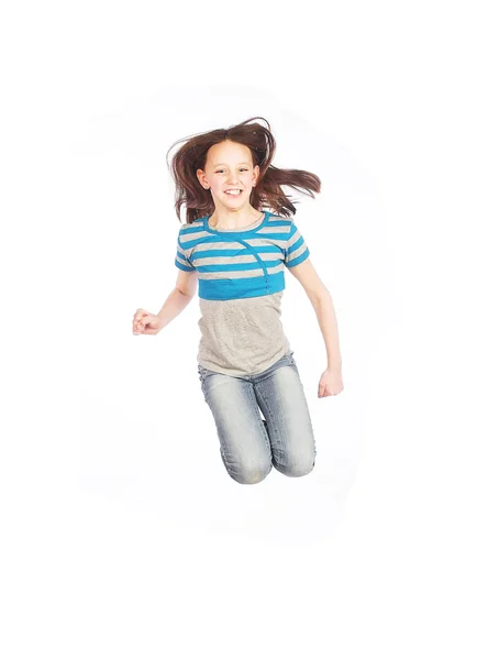 Menina salta em um fundo branco — Fotografia de Stock