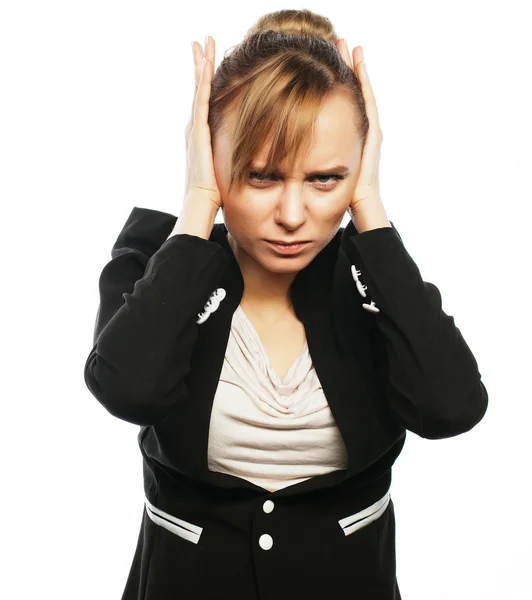 Businesswoman terrified hold hand on head — Stock Photo, Image