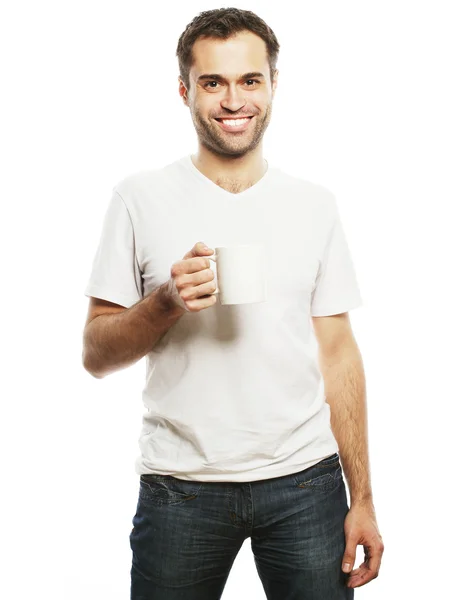 Uomo in possesso di tazza bianca con caffè — Foto Stock