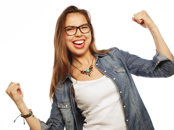 Feliz mujer emocionada celebrando su éxito . — Foto de Stock