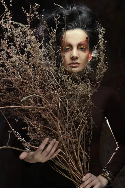 Женщина с ярким макияжем с сухими ветвями — стоковое фото