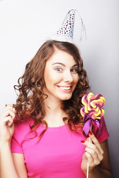 Beautiful party woman model with  lollipop — Stock Photo, Image