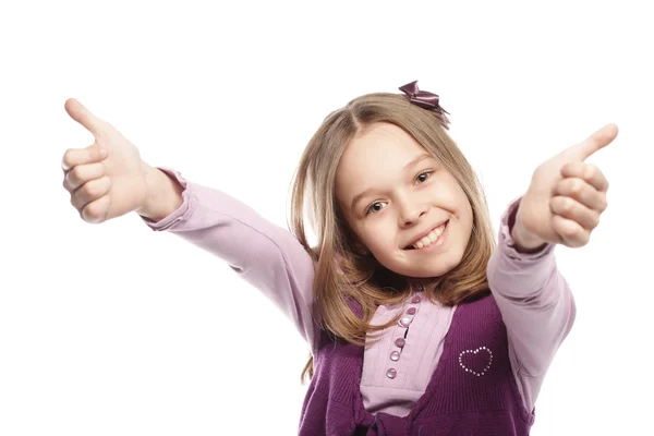 Menina mostrando polegares para cima isolado um branco — Fotografia de Stock