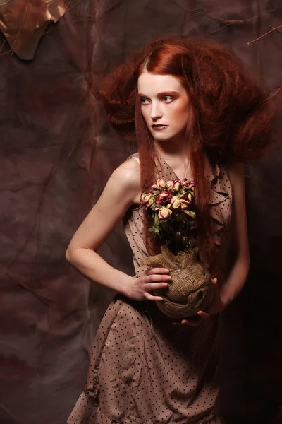 Beautiful girl with dry roses — Stock Photo, Image