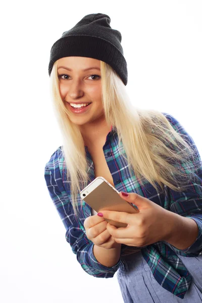 Hezká dívka s Kobaltová modř telefon — Stock fotografie